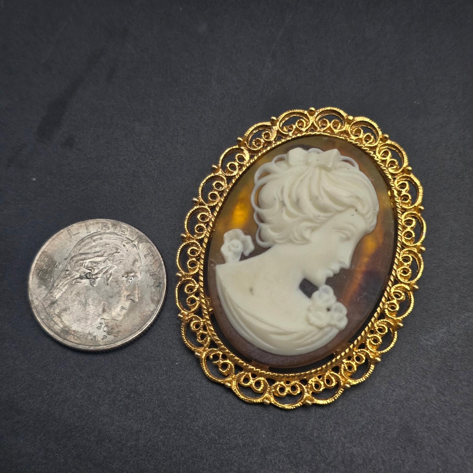 Vintage Cameo Brooch Acrylic Gold Tone Vintage Lady Portrait