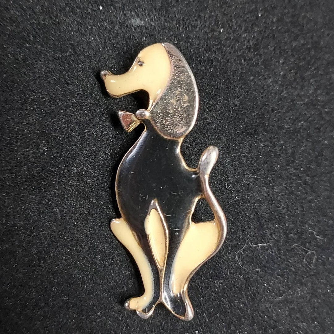 Vintage Gold and Black Enamel Dog Brooch - Etsy