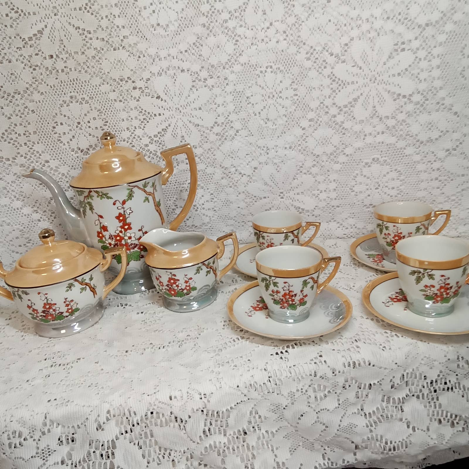 Chikaramachi Tea Set Handpainted Japan Lusterware Teapot Red Flowers