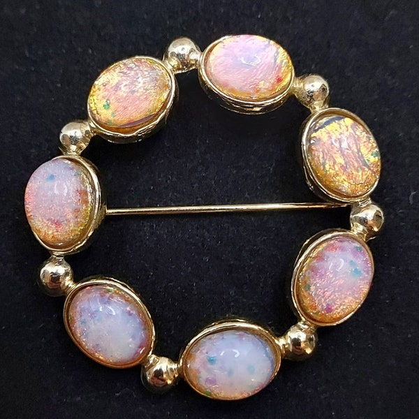 Vintage Faux Opal Art Glass Gold Tone Circle Brooch