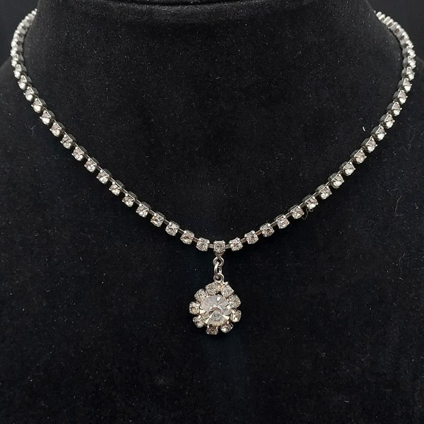 Rhinestone Pendant Necklace Vintage 1960s Glam Costume Jewelry Silver Tone