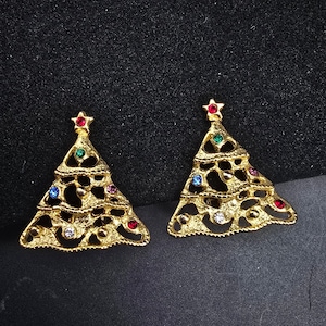 Rhinestone Christmas Tree Earrings Gold Tone Colorful Vintage Jewelry