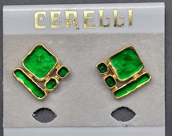 Vintage Cerelli Geometric Green Enamel Earrings Vintage 1980 Costume Jewelry NOS