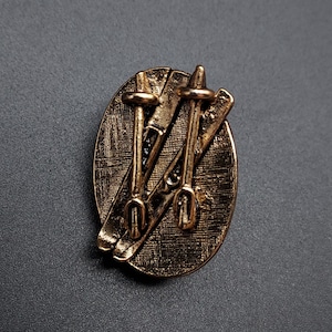 May include: A gold-toned metal pin featuring a pair of skis and ski poles. The pin is detailed with a textured background and a raised design.