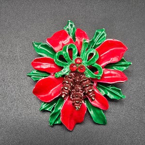 Vintage Enamel Christmas Brooch Red Poinsettia Pine Cone Rhinestone