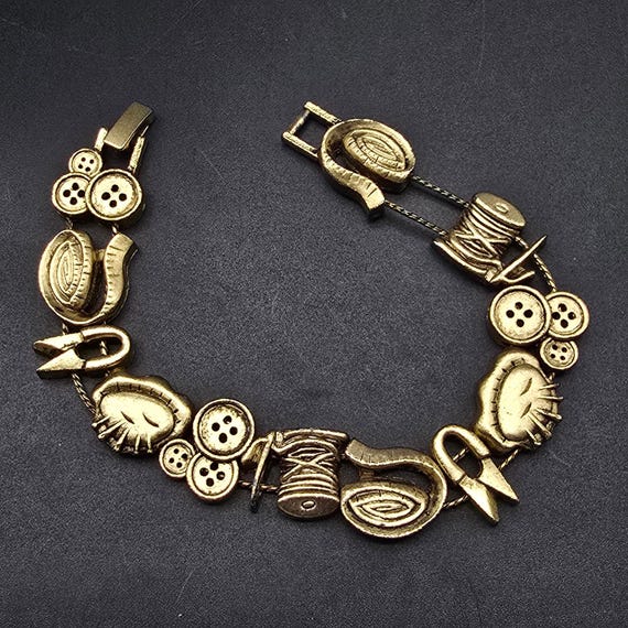 Gold Tone Sewing Theme Slide Charm Bracelet Sewing Crafty Girl Gift