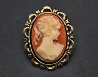Vintage Acrylic Cameo Brooch Orange White Lady Portrait Silver
