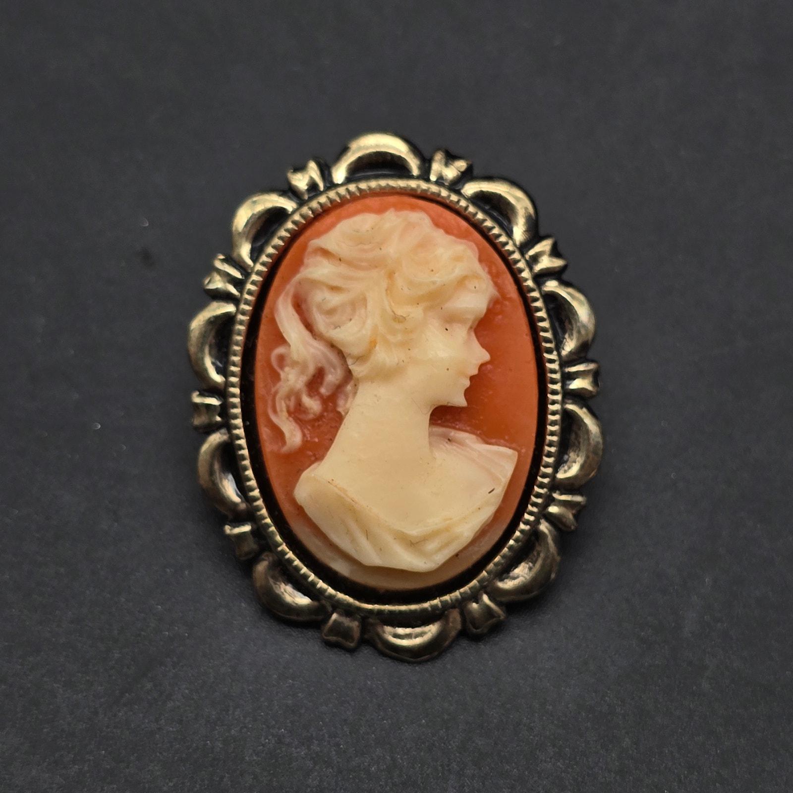 Vintage Acrylic Cameo Brooch Orange White Lady Portrait Silver