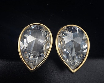 SAL Swarovski Tear Drop Clip On Earrings Clear Rhinestone Gold Tone