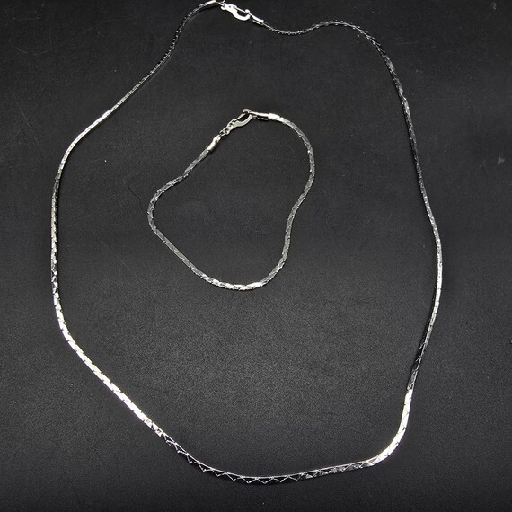 Silver Tone Flat Thin Chain Necklace Bracelet Set… - image 3