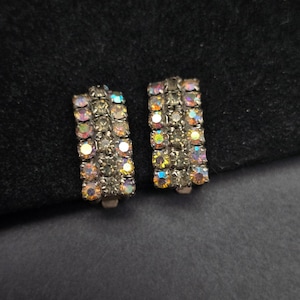 Vintage Aurora Borealis Smokey Rhinestone Clip On Earrings
