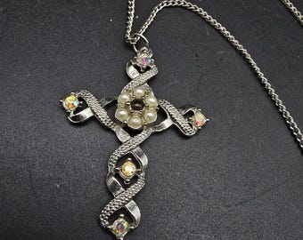 Vintage Cross Pendant Necklace Silver Tone Faux Pearl Rhinestone Religious