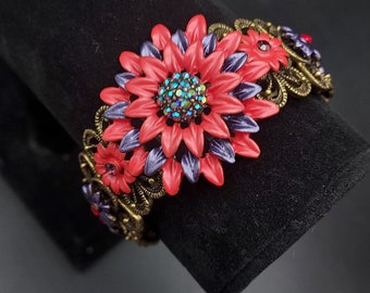 Pink Purple Enamel Flower Stretch Bracelet Swarovski Crystals Esther Fuhrman NOS