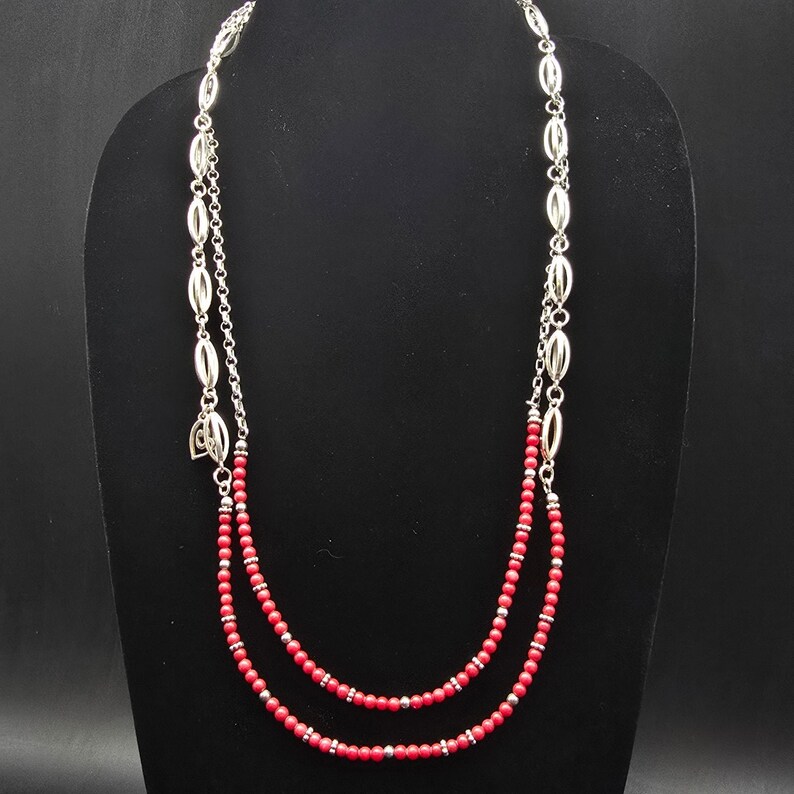 Brighton Red Beaded Necklace Silver Tone Double Strand image 6