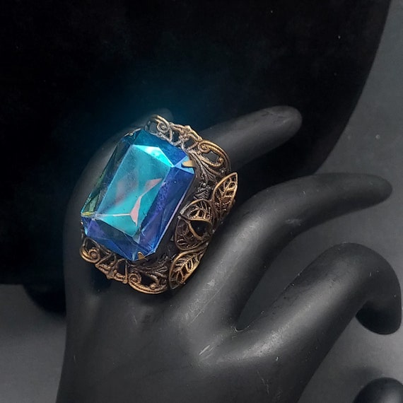 Signed KIM Vintage Ring Bronze Tone Filigree Blue… - image 1