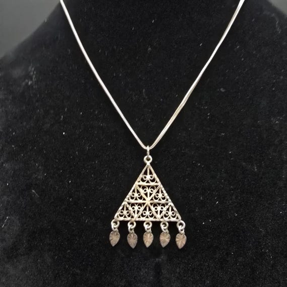 Sterling Silver Filigree Pendant Necklace Pyramid Triangle Charm 925