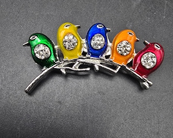 Broche de pájaros en rama con diamantes de imitación de colores en tono dorado, joyería de primavera