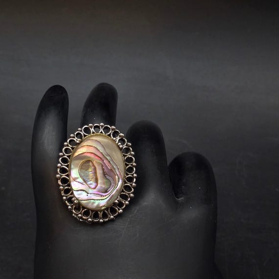Vintage Abalone Shell Oval Ring Statement Size 10… - image 7