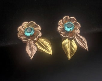 Vintage Flower Screw Back Earrings Mixed Metal Blue Rhinestone Costume Jewelry