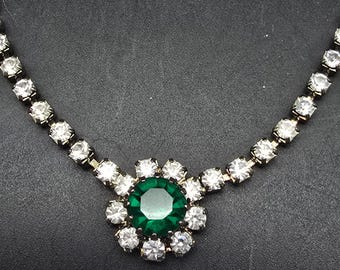 Clear Green Rhinestone Collar Necklace Vintage Glam Costume Jewelry