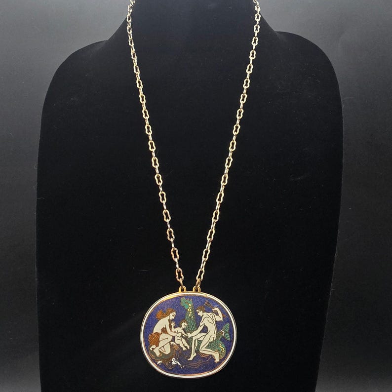 Greek Mythology Cloisonne Pendant Necklace Neptune Enamel Vintage Jewelry image 6