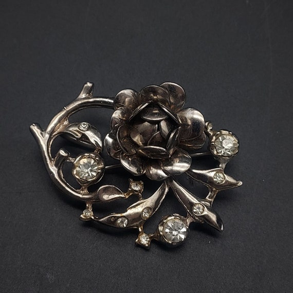 Vintage Rose Brooch Silver Tone Rhinestone Costum… - image 1