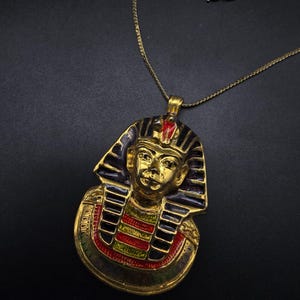 Egyptian Theme King Tut Pharaoh Pendant Necklace Gold Tone Enamel Vintage