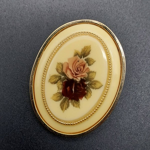 Vintage Acrylic Rose Cameo Style Brooch Ivory Cream Oval Flower Costume Jewelry