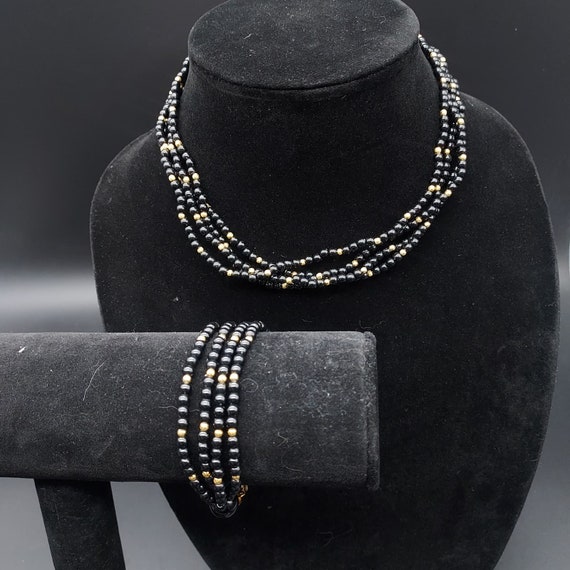 Marvella Black Beaded Necklace Bracelet Set Vinta… - image 1