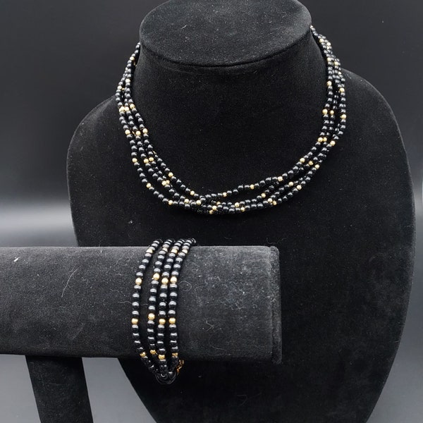 Marvella Black Beaded Necklace Bracelet Set Vintage Costume Jewelry Plastic