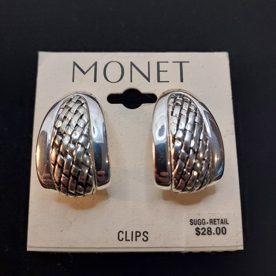 Monet Silver Tone Half Hoop Chunky Clip On Earrin… - image 1