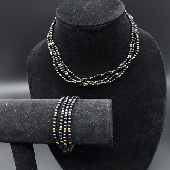 Marvella Black Beaded Necklace Bracelet Set Vinta… - image 8