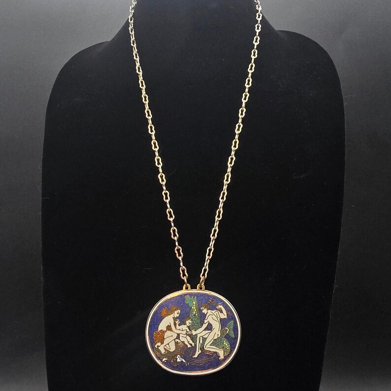 Greek Mythology Cloisonne Pendant Necklace Neptune Enamel Vintage Jewelry image 3