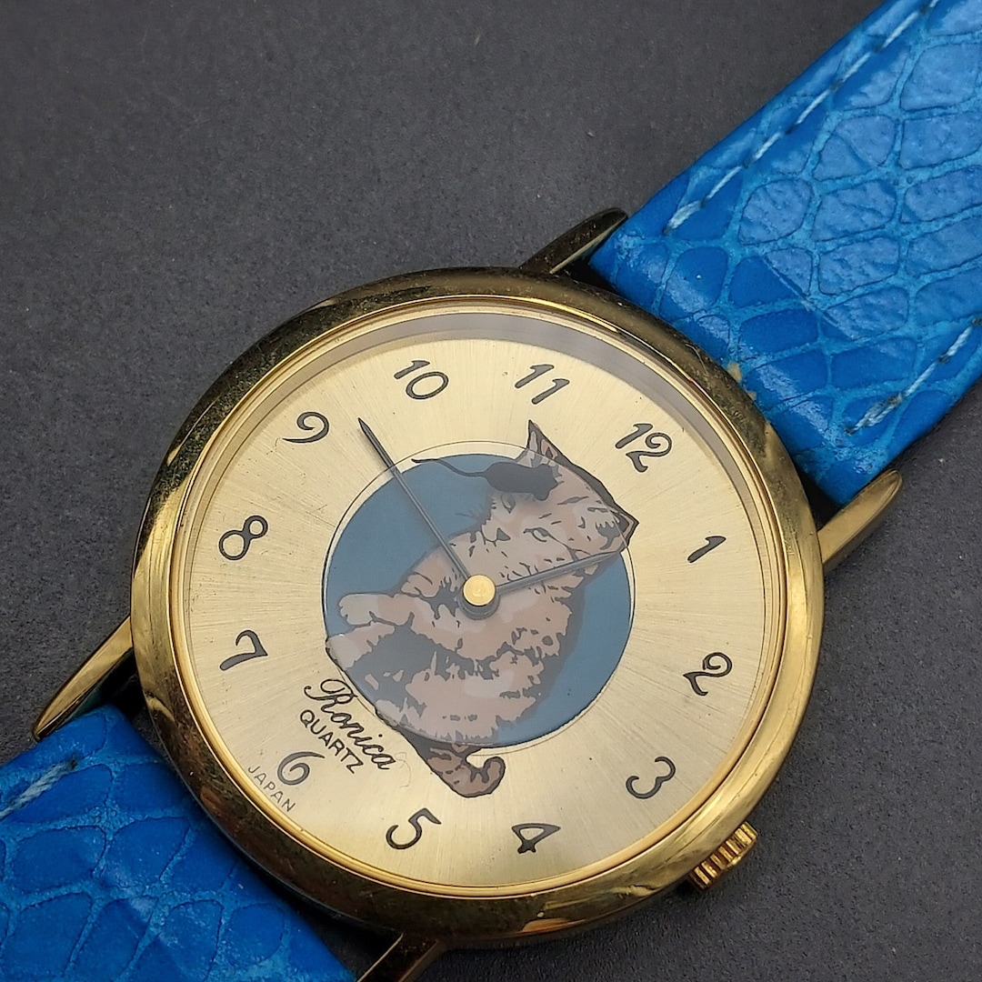 Cat Mouse Watch Vintage Mouse Minute Hand Moving Blue Band Cat Lover cat-mouse-watch-vintage-mouse-minute-hand-moving-blue-band-cat-lover