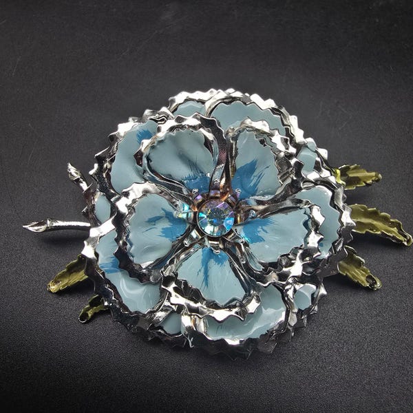 Blue Enamel Flower Brooch Aurora Borealis Rhinestone Vintage Floral Jewelry