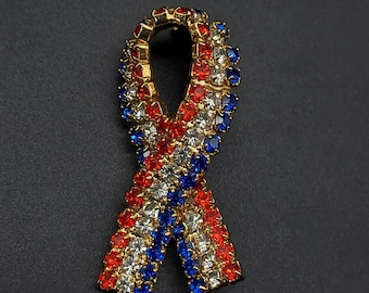 Red White Blue Rhinestone Ribbon Brooch Patriotic Fourth of July Vintage Costume