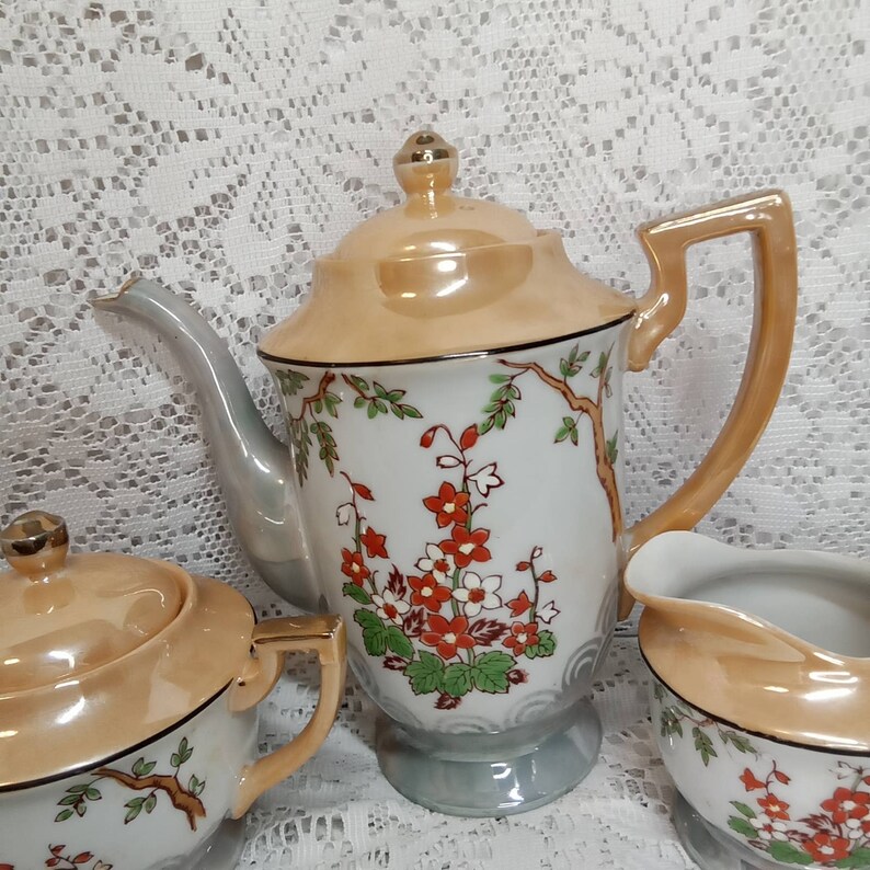 Chikaramachi Tea Set Handpainted Japan Lusterware Teapot Red Flowers Demitasse Set Etsy
