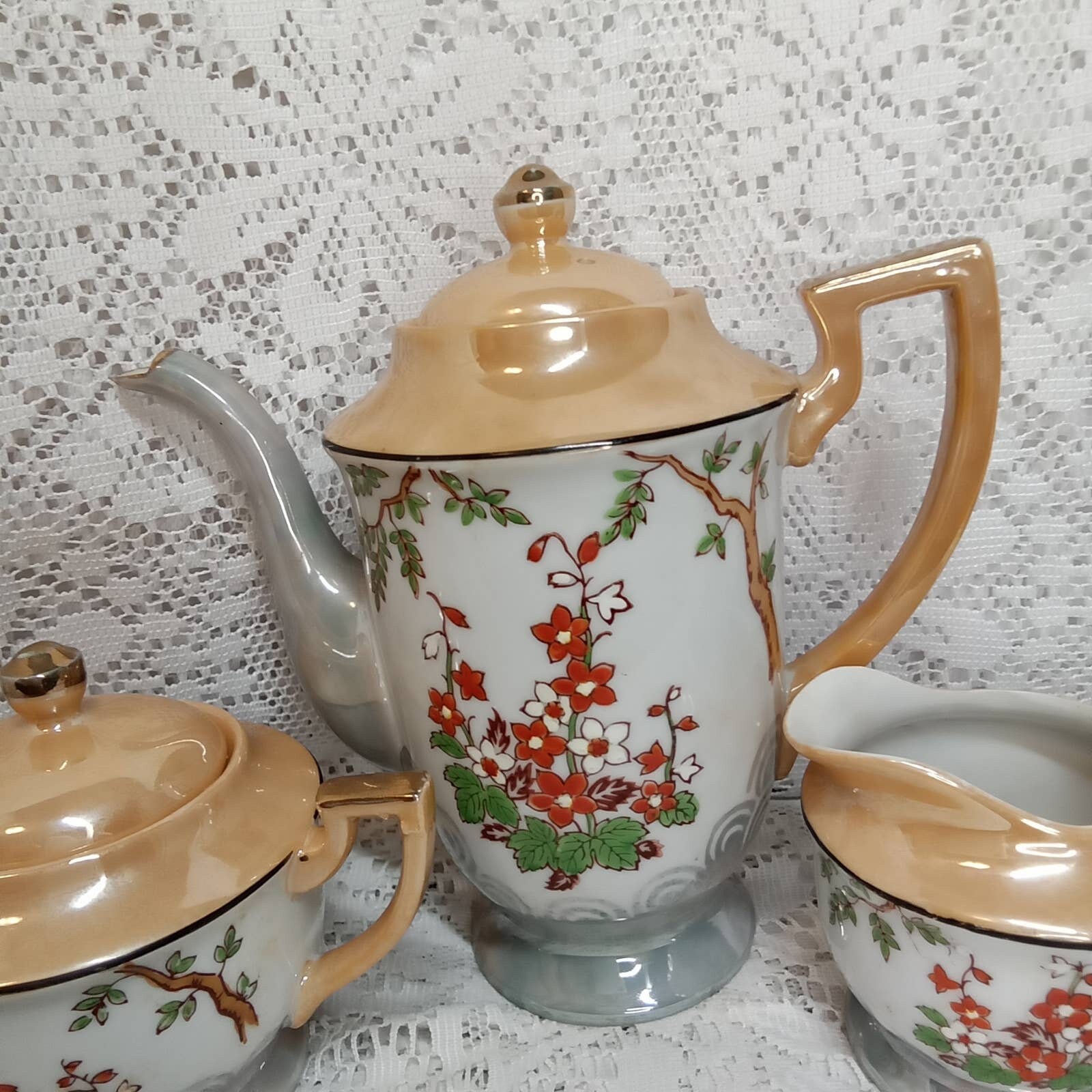 Chikaramachi Tea Set Handpainted Japan Lusterware Teapot Red Flowers