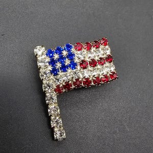 Rhinestone American Flag Brooch Petite Red White Blue Patriotic Vintage