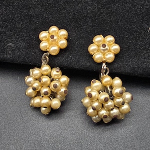 Vintage Cream Faux Pearl Cluster Screw Back Earrings Dangle Drop
