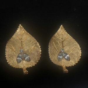 Gold Tone Leaf Earrings BSK Clip On RHinestone Vintage Costume Jewelry Fall Autumn