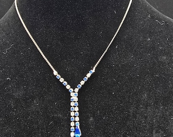 Blue Clear Rhinestone Necklace Silver Tone Tassel Drop Vintage Jewelry