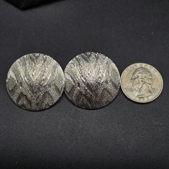 Silver Tone Zig Zag Patterned Earrings Round Circ… - image 3
