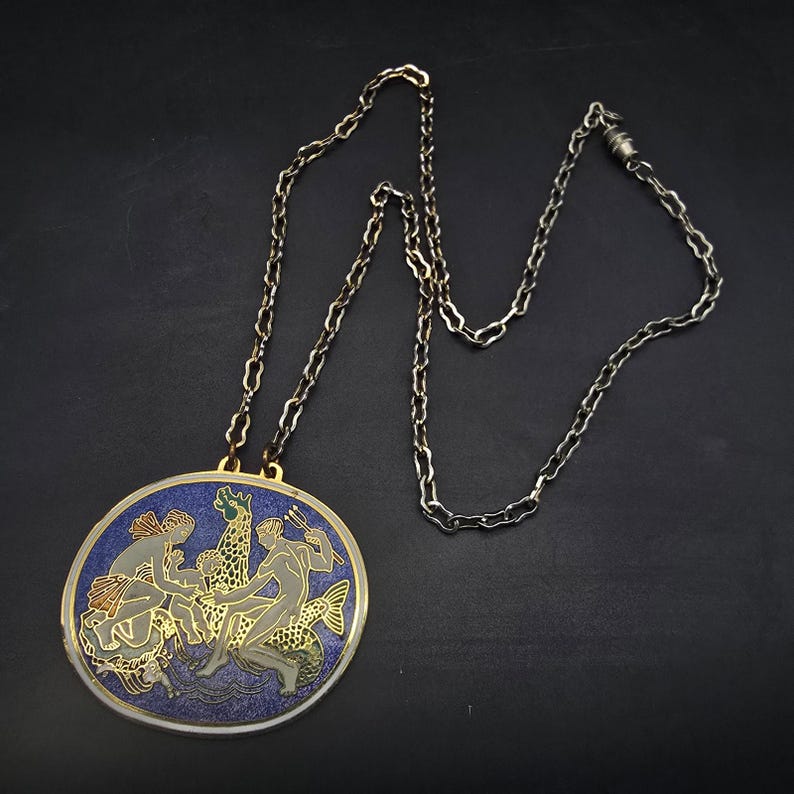 Greek Mythology Cloisonne Pendant Necklace Neptune Enamel Vintage Jewelry image 4