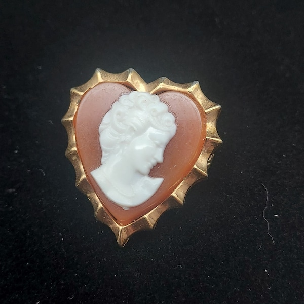 Cameo Heart Brooch Orange White Lady Face Pin Vintage Costume Jewelry