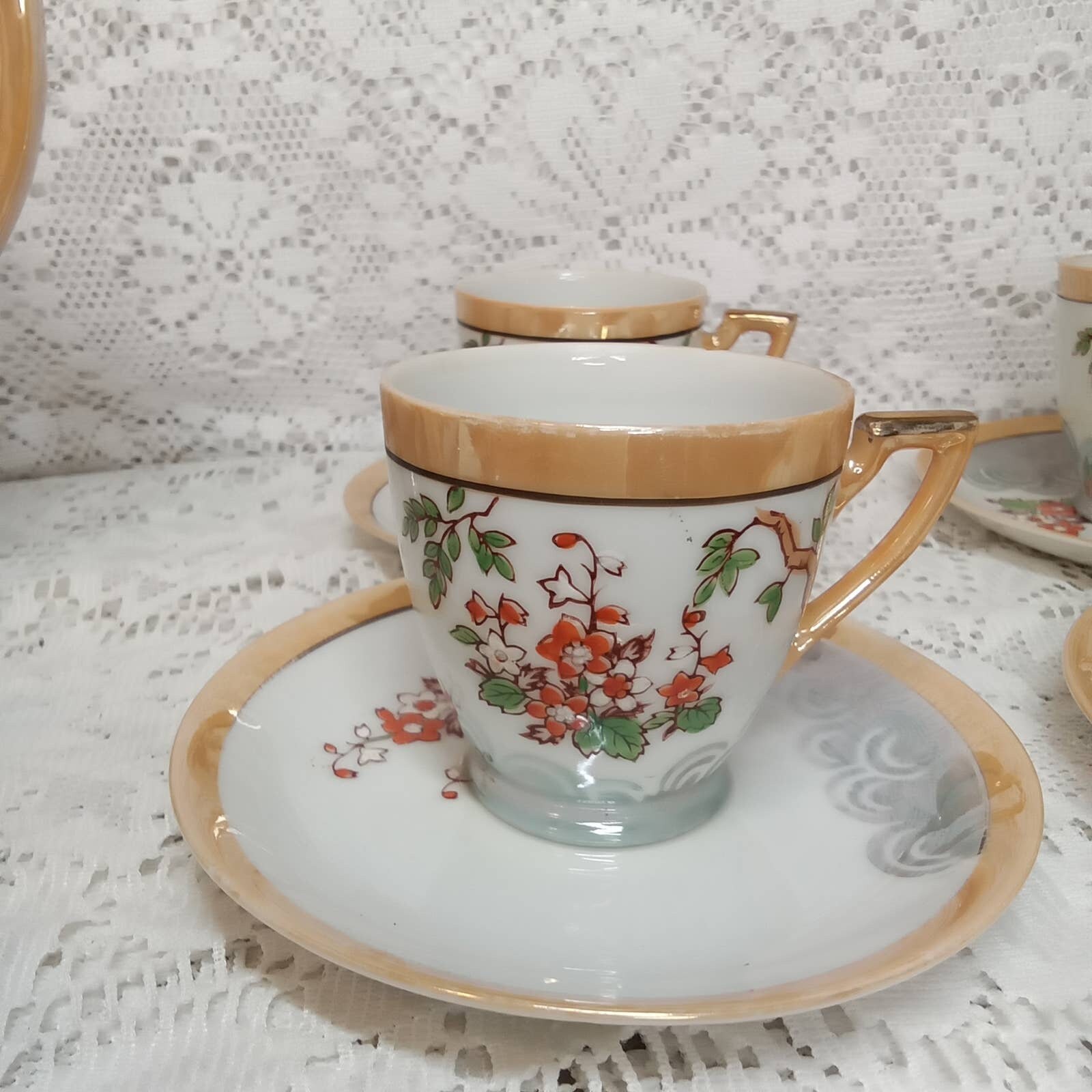 Chikaramachi Tea Set Handpainted Japan Lusterware Teapot Red Flowers