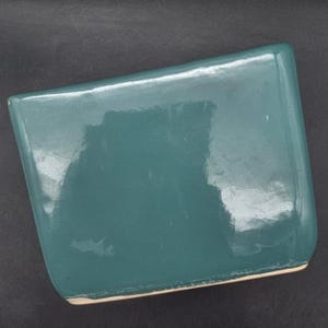 May include: A teal-colored, rectangular ceramic dish with rounded corners. The dish has a glossy finish and a slightly curved shape. The bottom edge of the dish is a cream color. The dish is sitting on a dark surface.