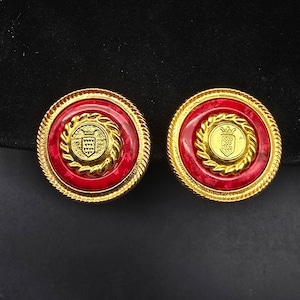 Vintage Crest Coat of Arms Clip On Earrings Gold Tone Red Enamel