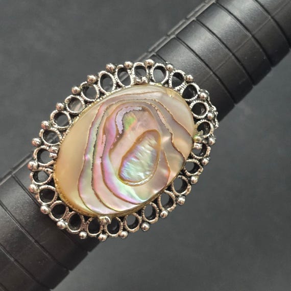 Vintage Abalone Shell Oval Ring Statement Size 10… - image 5