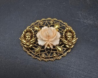 Gold Tone Filigree Angel Cherub Brooch with Pink Flower Vintage Jewelry